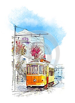 Old tram in Lisbon, Portugal. Watercolor sketch